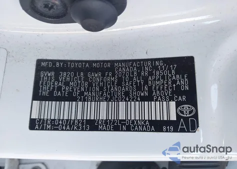 2018 Toyota Corolla Le z USA, uszkodzony, nr VIN 2T1BURHE7JC024224